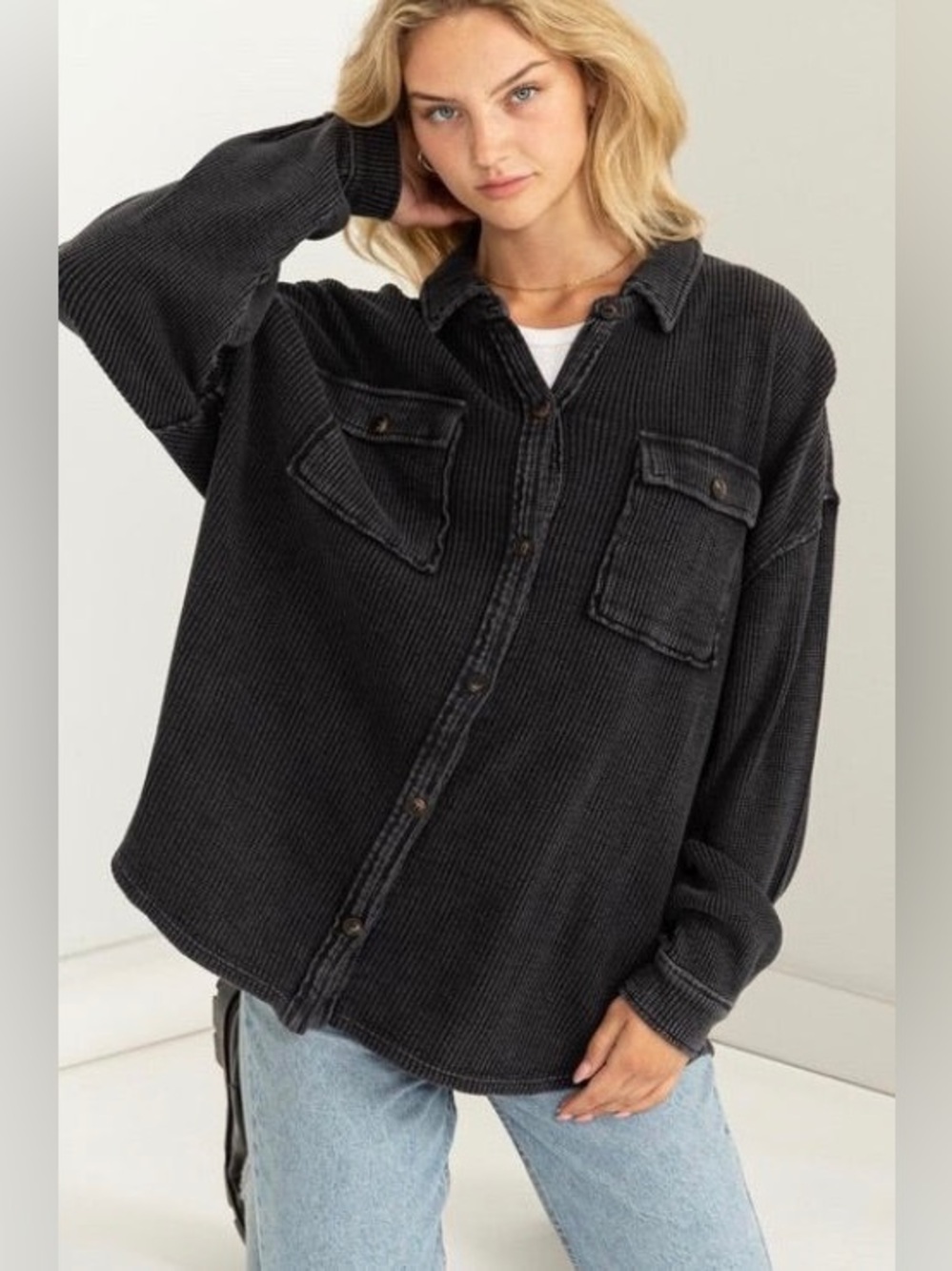 Aerie Lumber Jane Waffle Knit Button-Down Shirt Washed Black Small Oversized
